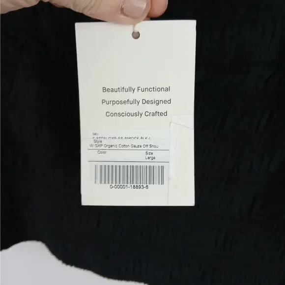 Everlane SZ L Organic Cotton Gauze Off Shoulder Smocked Top In Black NWT - Picture 3 of 4